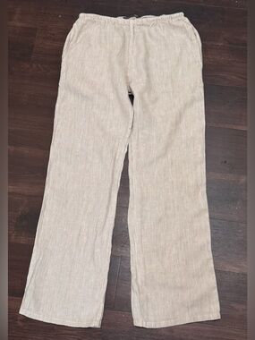 Brandy Melville 100% Linen Striped Neutral Wide-Leg Pants with Elastic Waist